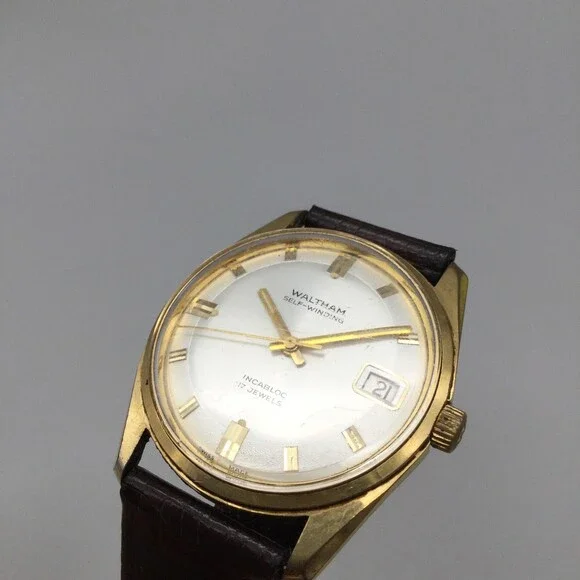 Vintage Waltham Mens Watch 34mm Self Winding Date Brown Leather Incabloc 17J